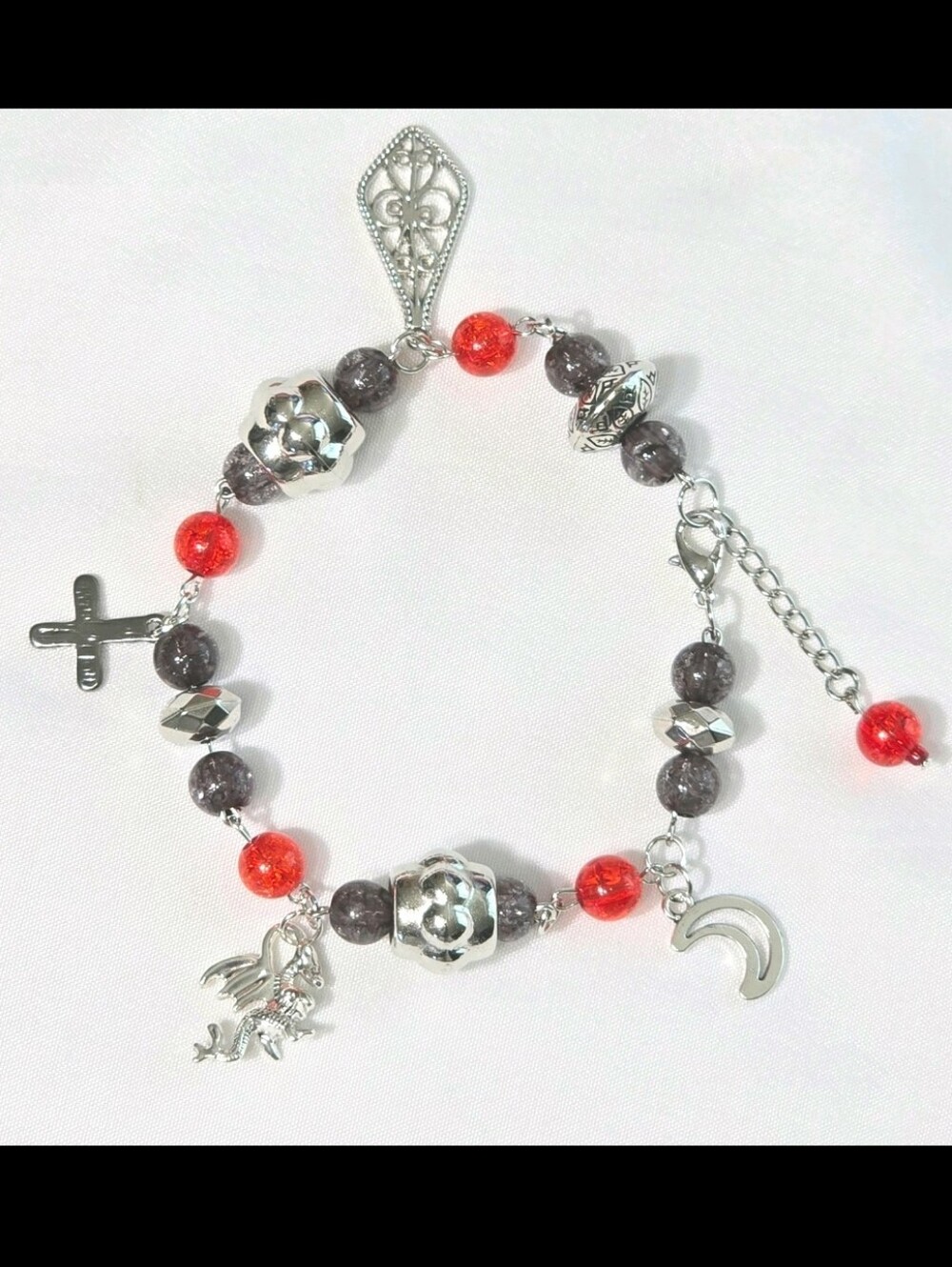 Gothic Charmed Bracelet: Handmade Silver Tone Hardware